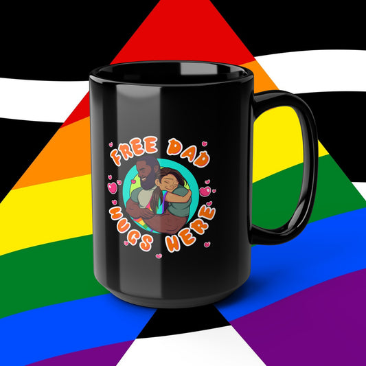 Free Dad Hugs Here LGBTQ Ally Black Mug, 15oz